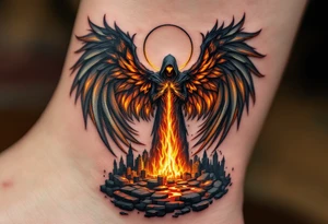 An Angel of Death standing at the gates of a burning city, wings charred and eyes glowing molten gold. tattoo idea