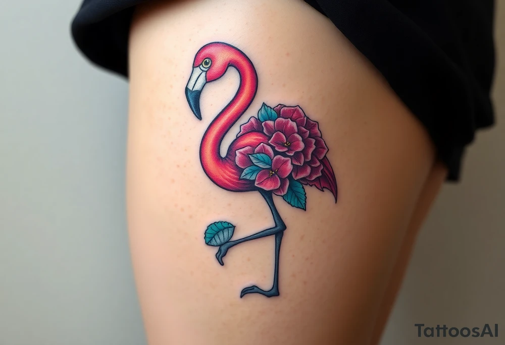 Flamingo made of hydrangea tattoo idea