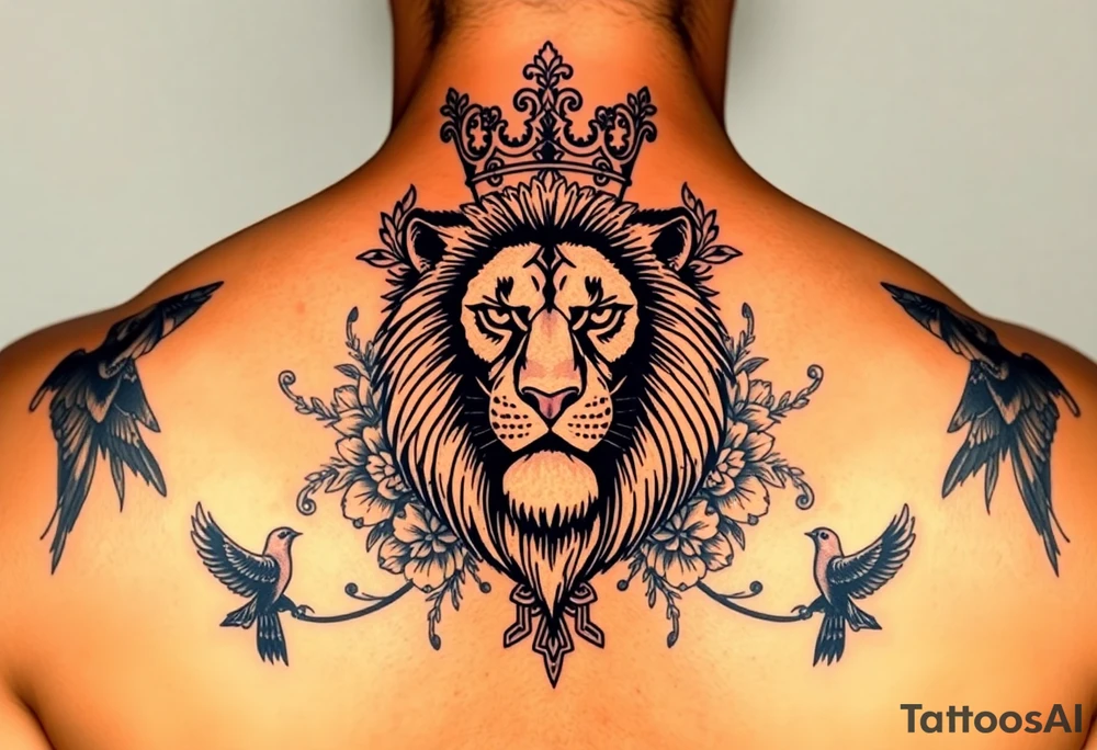 powerful majestic lion with a crown, surrounded by floral ornaments and birds tattoo idea
