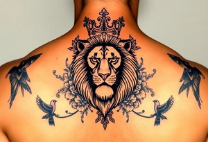 powerful majestic lion with a crown, surrounded by floral ornaments and birds tattoo idea