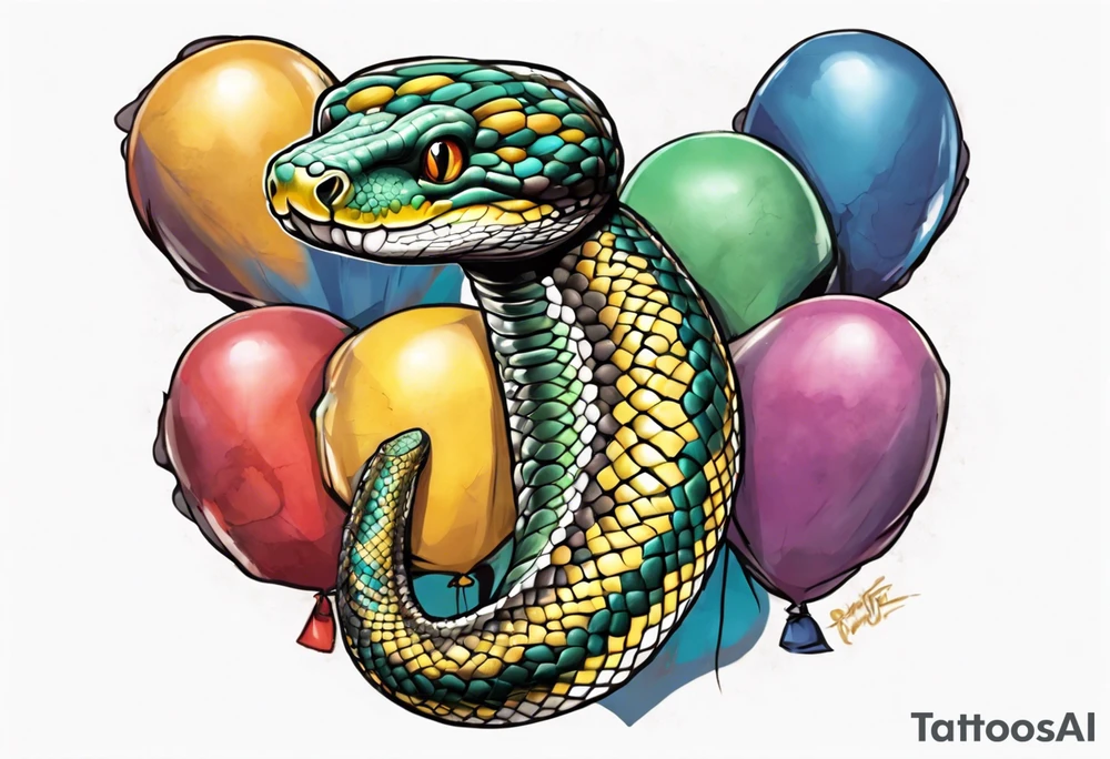 african python with colored ballons from movie up! aside and te-fiti stone on the other side tattoo idea