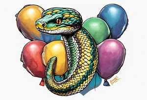 african python with colored ballons from movie up! aside and te-fiti stone on the other side tattoo idea
