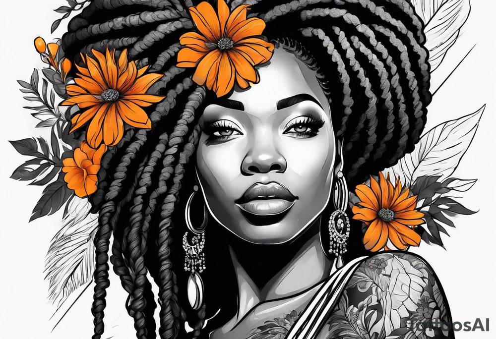 Black woman with locs and orange flowers tattoo idea