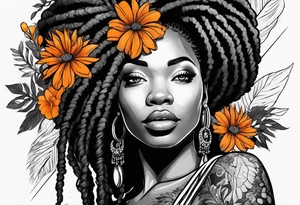 Black woman with locs and orange flowers tattoo idea