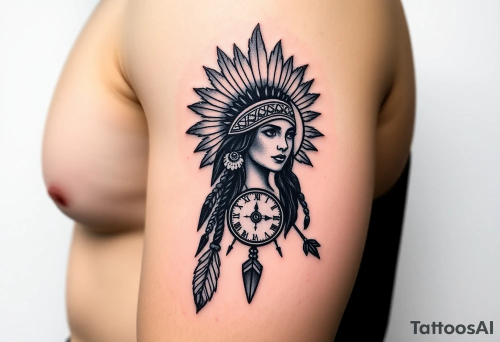 Native American girl with headdress in the sun a compass and a clock and arrowhead tattoo idea