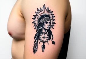 Native American girl with headdress in the sun a compass and a clock and arrowhead tattoo idea