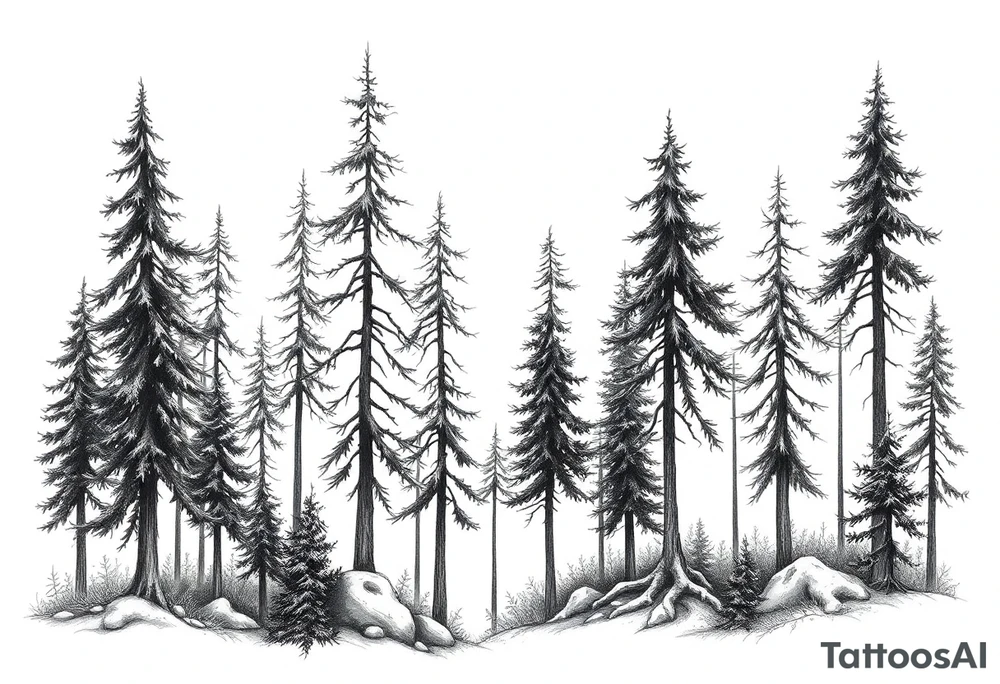 Needle forest with black and gray trees tattoo idea