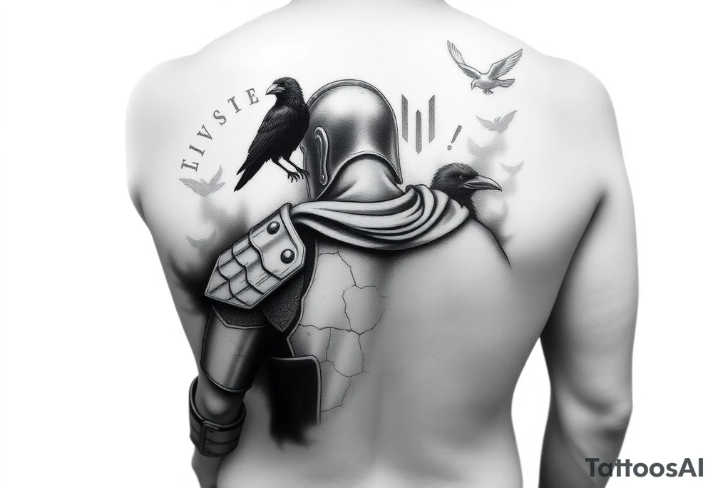 A black and grey tattoo sleeve design symbolizing silent battles and resilience. A worn gladiator with cracks in his armor stands tall, battle-weary but unbroken. Behind him, a shadowy figure represents the unseen struggles, partially obscured in mist. A single raven sits on his shoulder, symbolizing past darkness, while a faint dove soars above, representing faith and favor. Subtle tally marks blend into the background, representing victories no one sees. The design flows naturally with a balance of dark and light elements, blending realism with a slightly surreal feel. tattoo idea