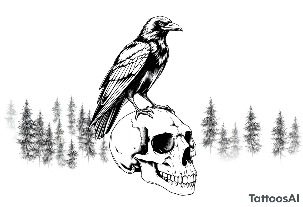 a raven stands on a skull, a forest in the background. tattoo idea