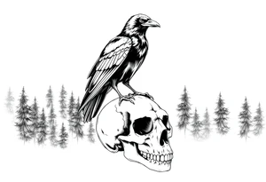 a raven stands on a skull, a forest in the background. tattoo idea