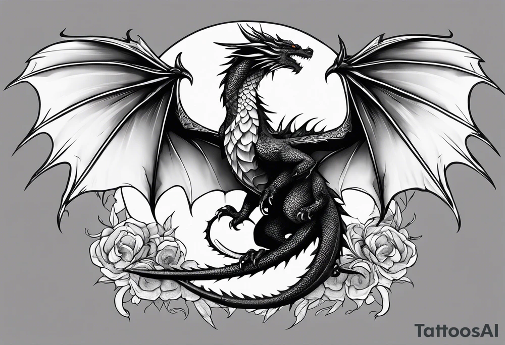 Mother dragon wings spread with 3 baby dragons tattoo idea