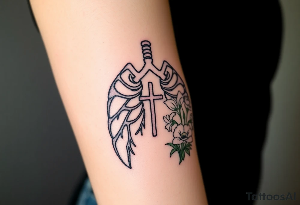 tattoo with skeleton lungs
: one side representing death and the other life. (from death to life) with a simple cross down the middle. The life side I'd like the following flowers growing out of it: Morning Glory, Lily of the Valley, Daffodil, Rose, Poppy, and Iris tattoo idea