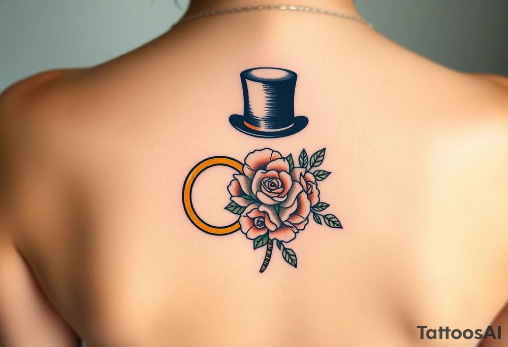 two golden wedding rings with top hat and wedding bouquet tattoo idea