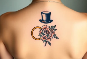 two golden wedding rings with top hat and wedding bouquet tattoo idea