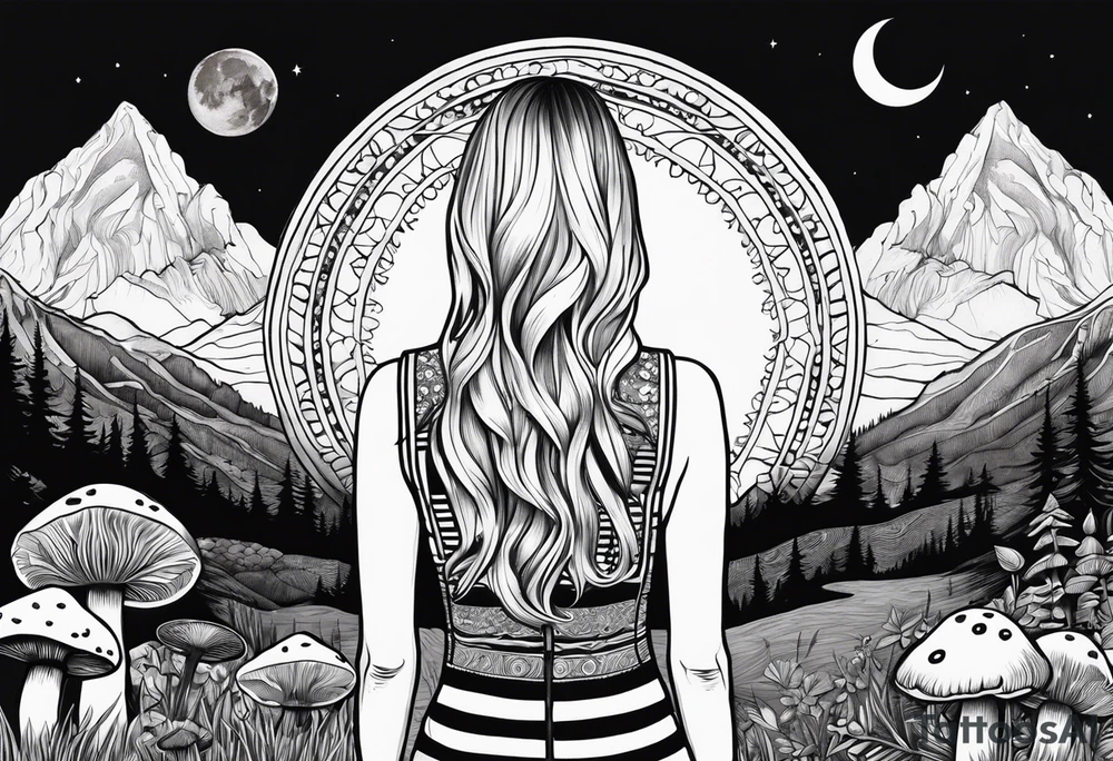 Straight blonde hair girl facing away toward mountains surrounded by mushrooms crescent moon mandala circular design black and white striped dress "8" tattoo idea