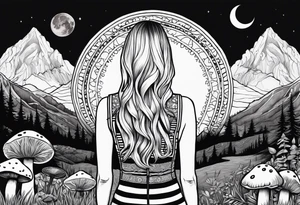 Straight blonde hair girl facing away toward mountains surrounded by mushrooms crescent moon mandala circular design black and white striped dress "8" tattoo idea