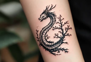 detailed dragonite (pokémon) japanese style sakura trees abstract lines dark/rough aesthetic tattoo idea