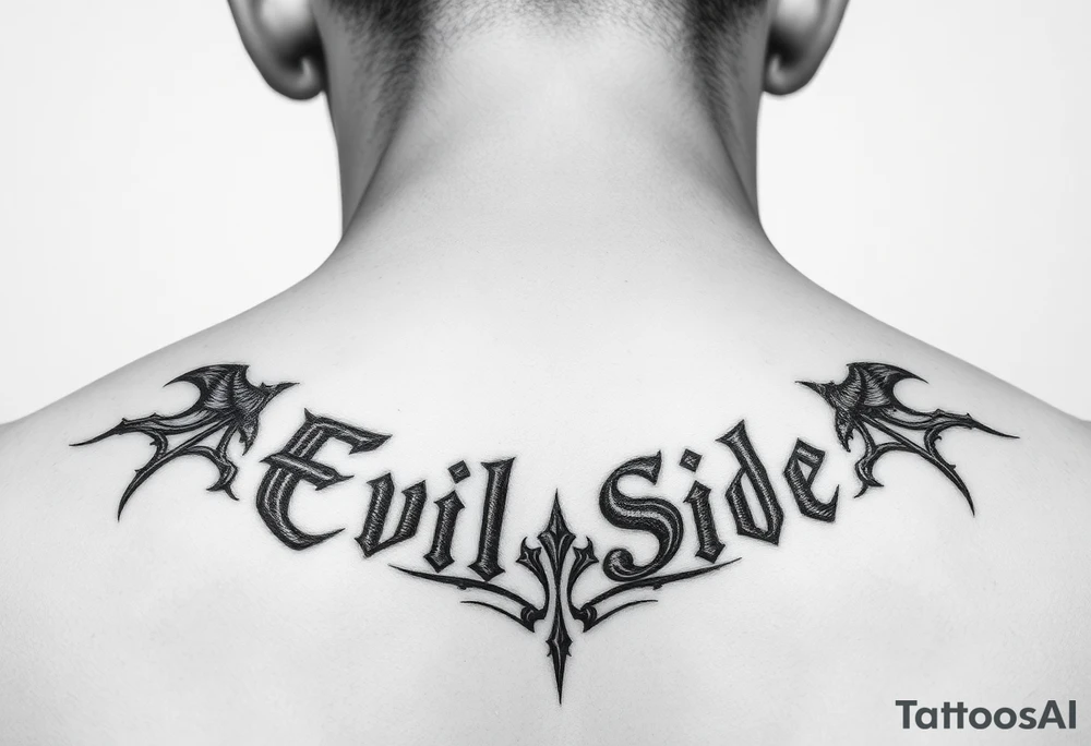 .saying Evil Side from ear to ear on front of neck. black and white . tattoo idea