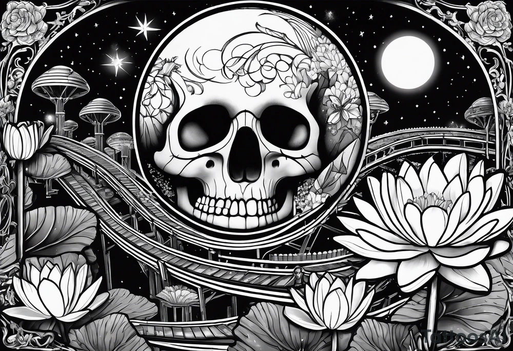 roller coaster track, water lily, daffodils, space and stars, skulls tattoo idea
