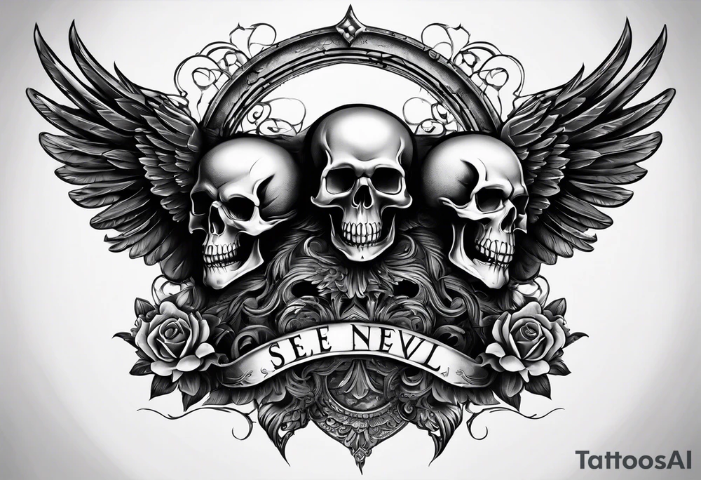 See no evil hear no evil speak no evil with skull heads with angel wings wrapped around them tattoo idea