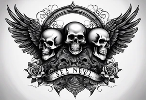 See no evil hear no evil speak no evil with skull heads with angel wings wrapped around them tattoo idea