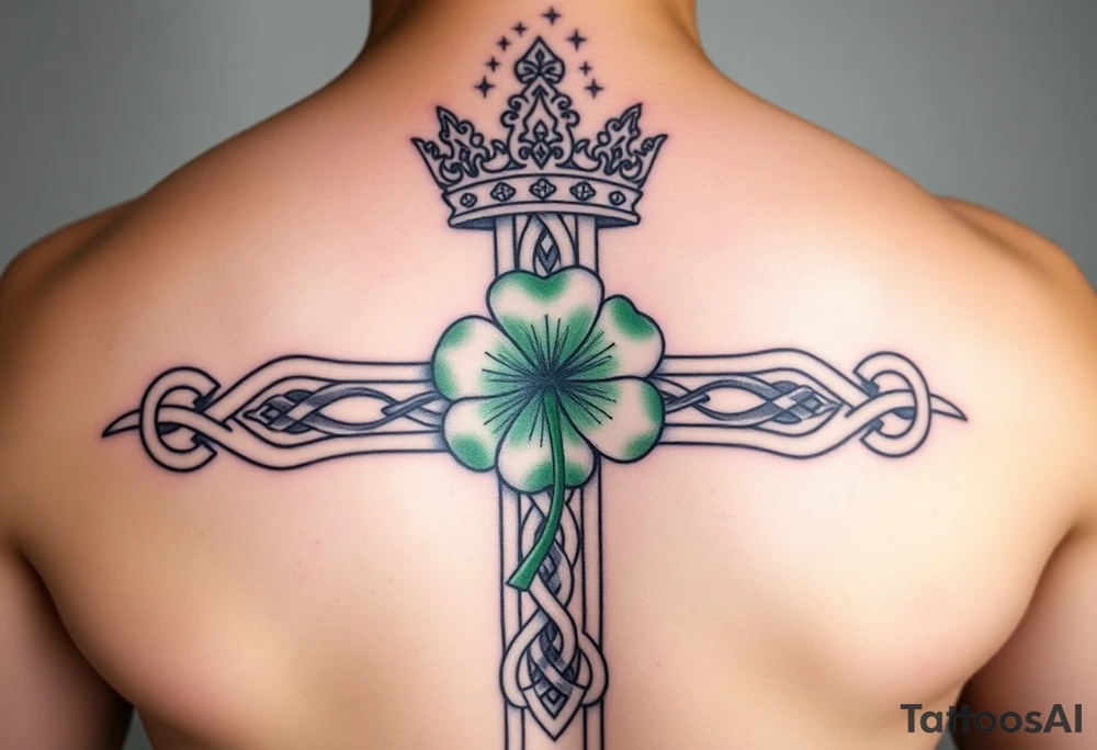 Celtic cross tattoo featuring intricate knotwork patterns along the arms and base of the cross. At the heart of the cross, place a vibrant four-leaf clover, its leaves shaded with subtle gradients of green, symbolizing luck and unity. Above the cross, incorporate a regal crown adorned with ornate details, such as small gemstones or filigree, to signify authority and strength. The entire composition should have a balanced, harmonious feel, with the textures and shading creating a sense of depth and dimension. Surround the design with a faint aura or subtle accents, like soft wisps of light, to add a spiritual and mystical quality tattoo idea