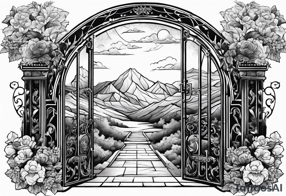 night ancient big town mountains garden gate entrance 
 in circle vignette surrounded by clouds floral tattoo idea