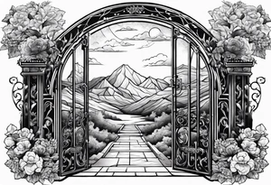 night ancient big town mountains garden gate entrance 
 in circle vignette surrounded by clouds floral tattoo idea