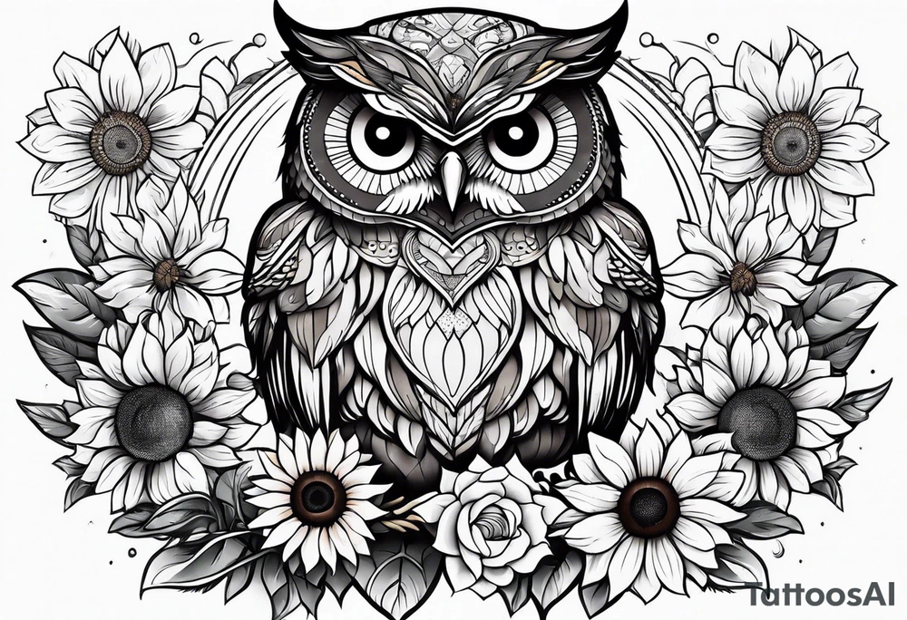 Owl and sunflower sleeve tattoo idea