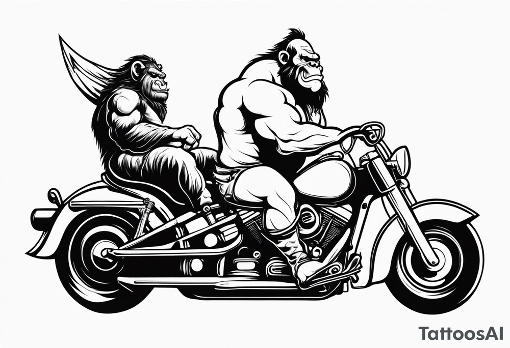 Ogre riding a Harley with ape hanger handlebars tattoo idea