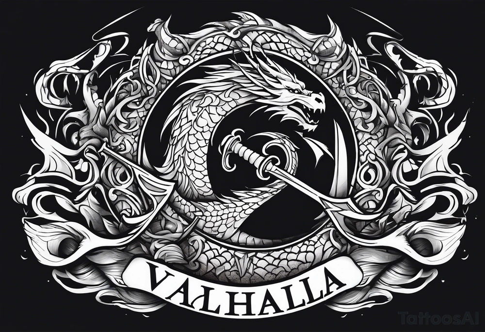 Valhalla sword shield dragon axe tattoo idea