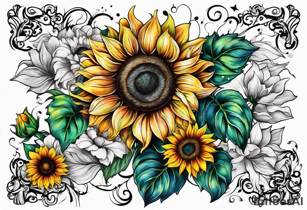 Colorful sunflower arm sleeve tattoo idea