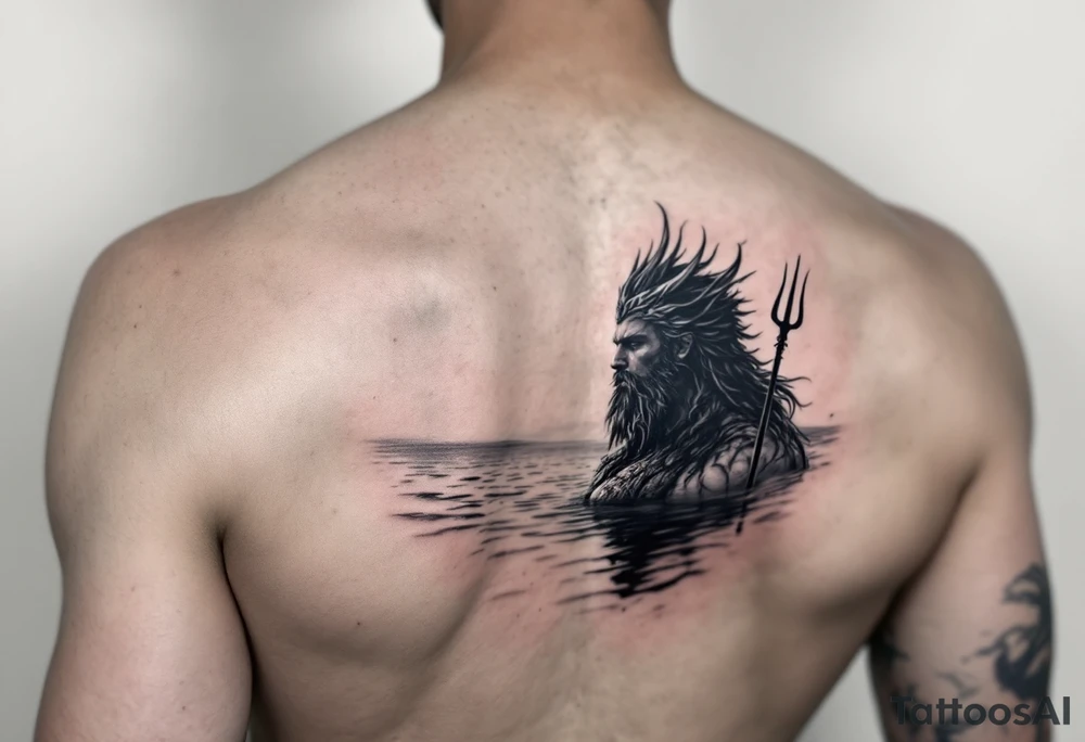 fit poseidon, with trident, in calm water, looking at the horizon tattoo idea