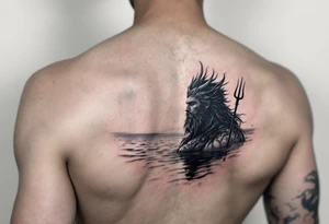 fit poseidon, with trident, in calm water, looking at the horizon tattoo idea