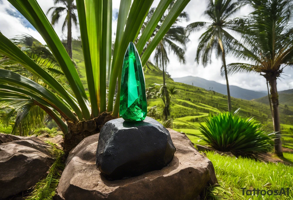 A striking Gachala emerald sits at the base of a tall quindio wax palm, which grows resiliently from cracks in rugged, rocky soil. The emerald is the main focal point, symbolizing strength and endurance, while the wax palm, rooted in the soil’s crevices, represents growth and resilience. A small water stream flows gently from the rocks, adding an element of life and nourishment tattoo idea