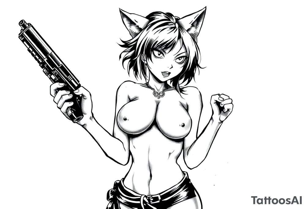 naked catgirl, slut, angry, anime, holding gun tattoo idea