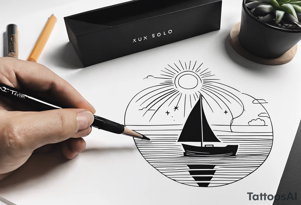 Clean lines palm tree boat sun tattoo idea