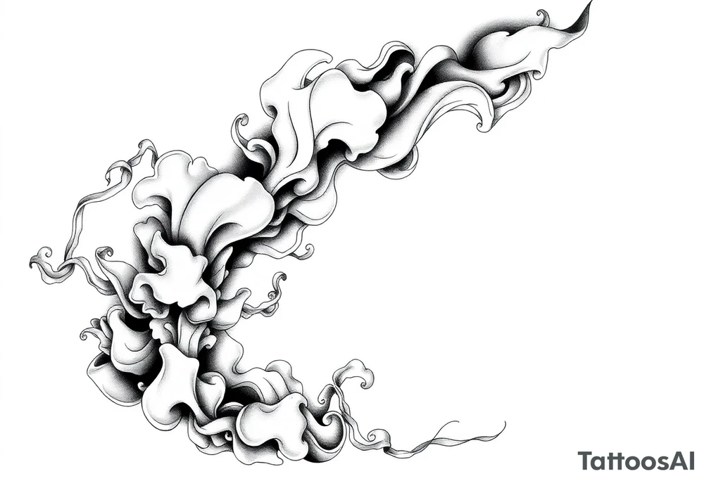Tattoo sleeve filler using smoke, ash, and fragmented memory effects, organic flow wrapping around arm muscles, soft gradients, negative space, black and grey realism, seamless transitions between main tattoo elements. tattoo idea