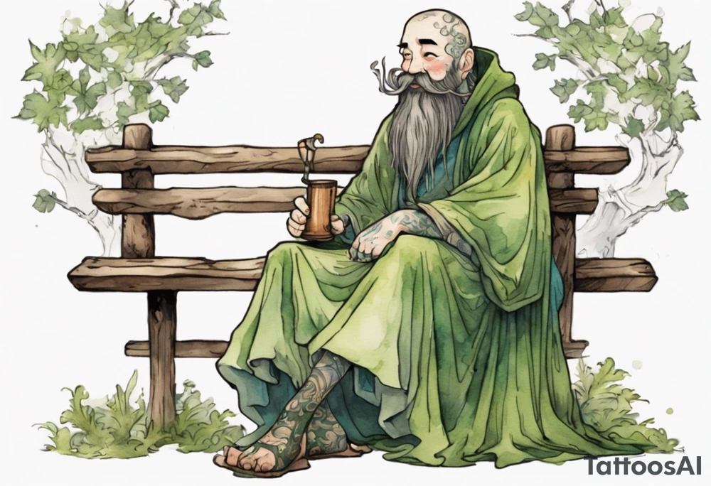 kinopio with a long moss beard wearing a medieval tunic drinking from a wood cup, sitting on a bench laughing tattoo idea