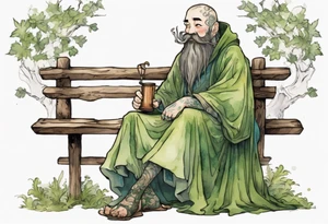 kinopio with a long moss beard wearing a medieval tunic drinking from a wood cup, sitting on a bench laughing tattoo idea