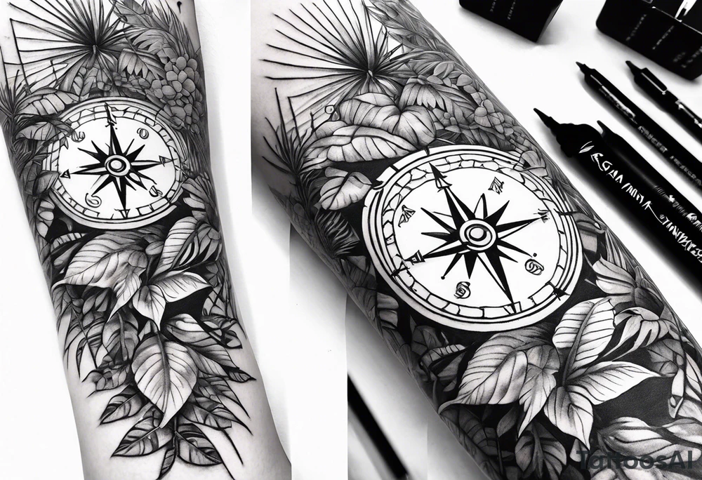 full arm sleeve tattoo with jungle plants and compass tattoo idea full arm sleeve tattoo with jungle plants and compass tattoo idea