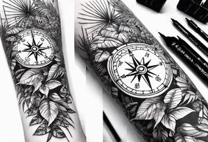 full arm sleeve tattoo with jungle plants and compass tattoo idea