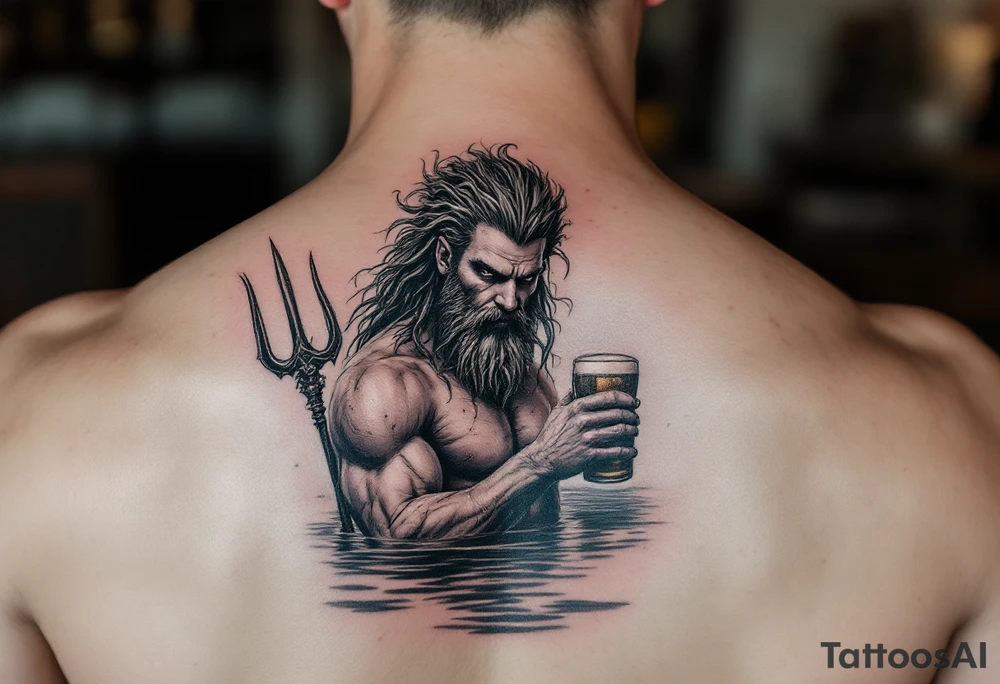 poseidon, with a trident, in calm water, holding a beer tattoo idea