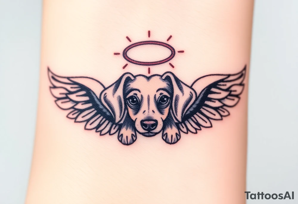 Dachshund ears inside wings with a halo above tattoo idea