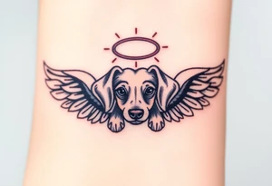 Dachshund ears inside wings with a halo above tattoo idea