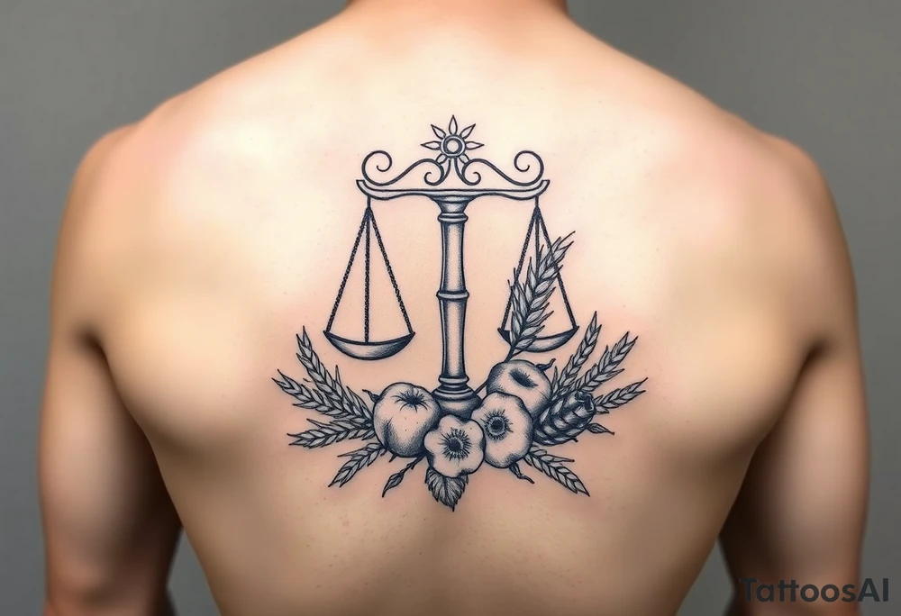 zodiac Libra with wheat and autumn fruits tattoo idea
