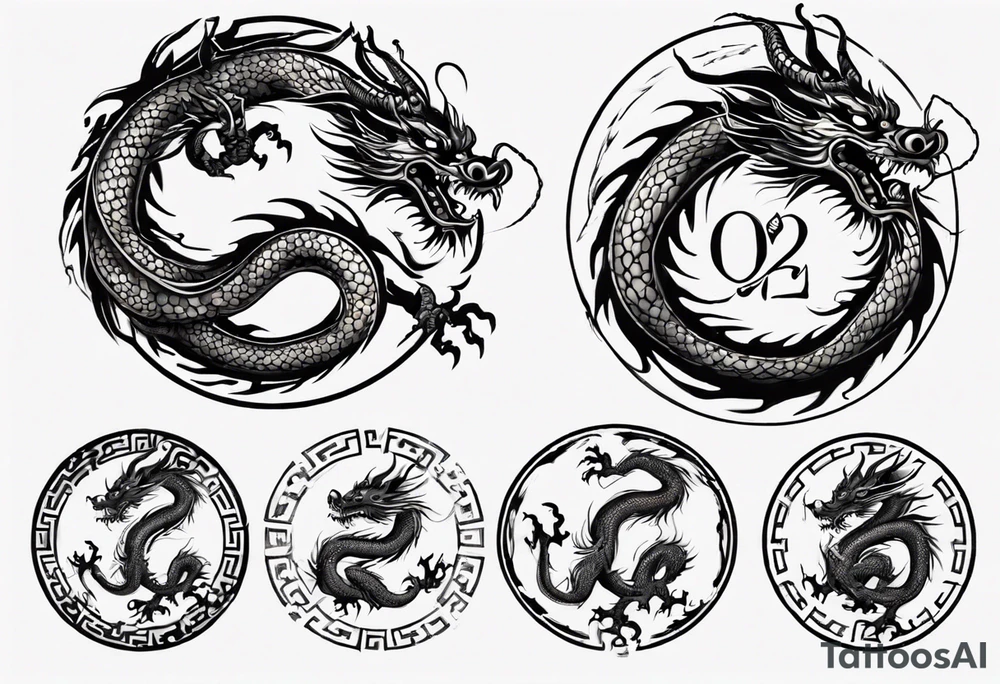 Chinese dragon in a circular shape with "02.03" written on its skin tattoo idea