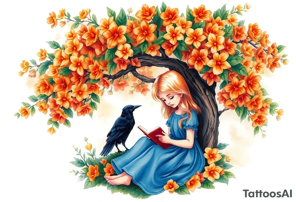 An orange tree full of flowers, a little blond girl wearing a blue dress sitting under it while reading. A raven watching her.


. tattoo idea
