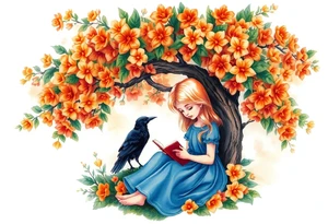 An orange tree full of flowers, a little blond girl wearing a blue dress sitting under it while reading. A raven watching her.


. tattoo idea