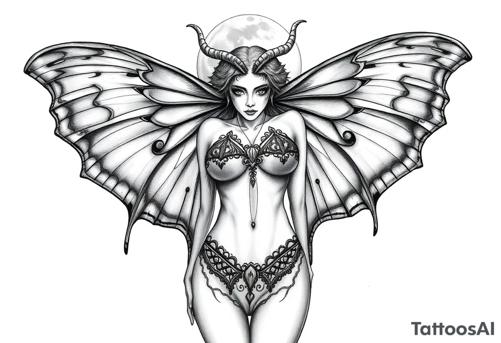 ethereal lunar moth resemblance powerfully sexy depiction of the goddess estate nude full frontal with exotic erotic lingerie orgasmic stare realistic tattoo idea